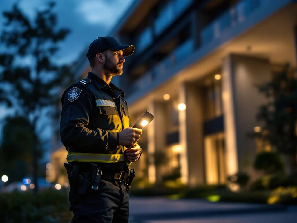 Beveiligingsbeambte met zaklamp controleert 's avonds moderne kantoorgebouw tijdens veiligheidsronde