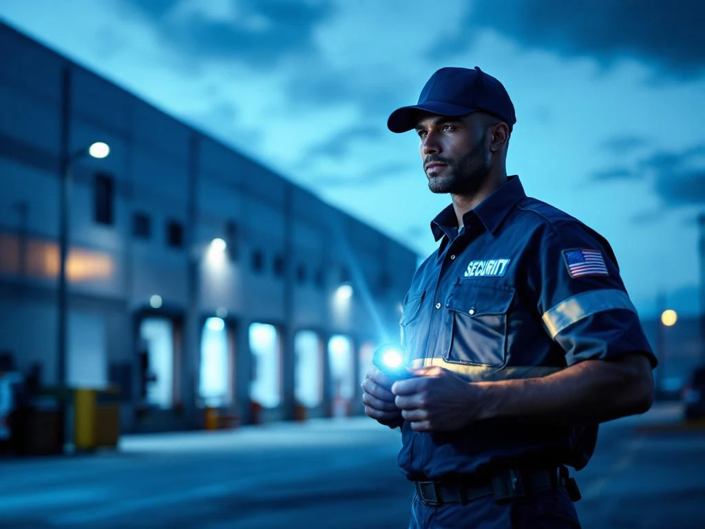 Beveiligingsbeambte met zaklamp inspecteert magazijnperimeter tijdens nachtelijke patrouille bij moderne opslagfaciliteit