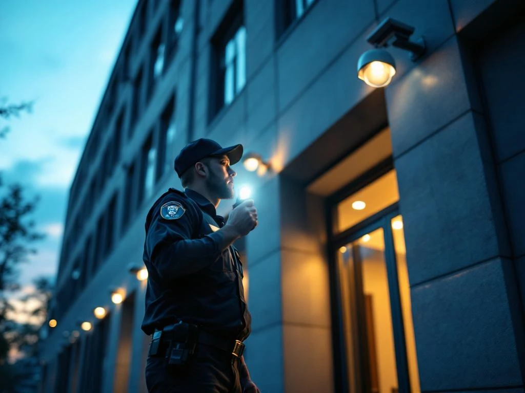 Beveiligingsbeambte met zaklamp tijdens avondpatrouille bij modern kantoorgebouw met beveiligingscamera's