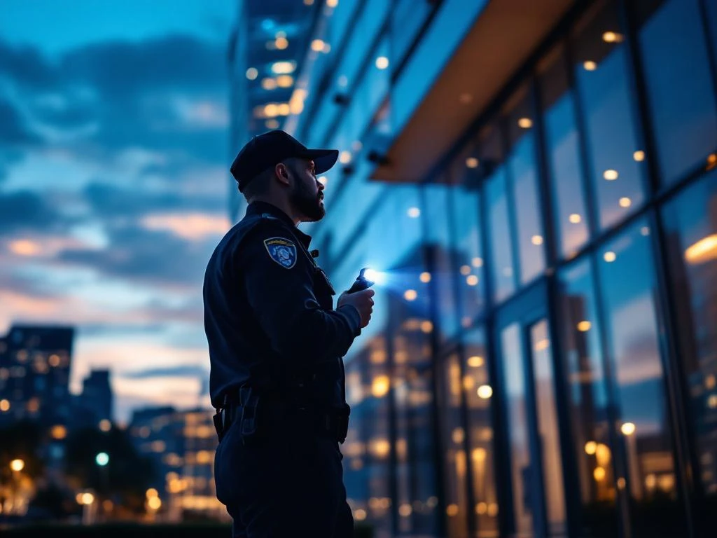 Beveiligingsbeambte met zaklamp tijdens avondpatrouille bij modern kantoorgebouw met glazen gevel en warme verlichting
