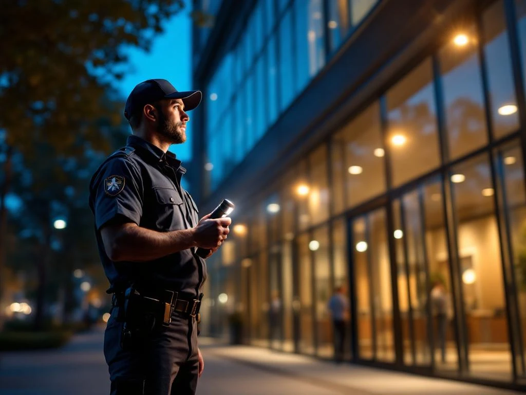 Beveiligingsbeambte met zaklamp patrouillert 's avonds bij moderne kantoorgebouw, bewaakt hoofdingang professioneel
