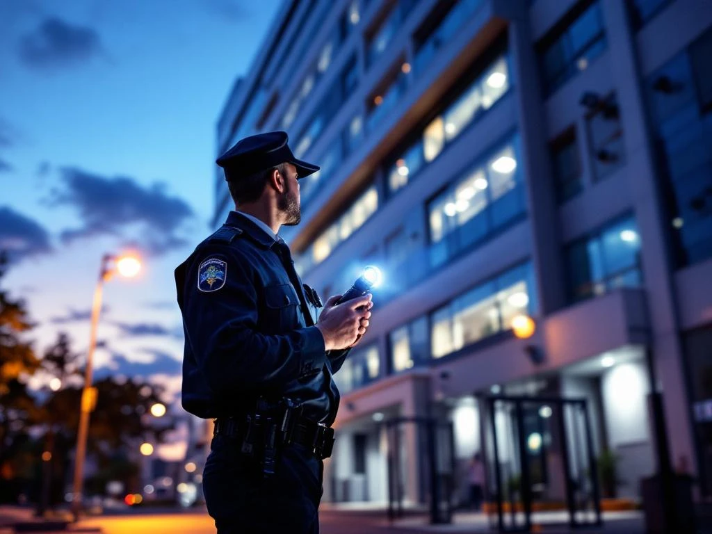 Beveiliger in uniform controleert 's avonds kantoorgebouw met zaklamp, bewakingscamera's en hekken zichtbaar op achtergrond