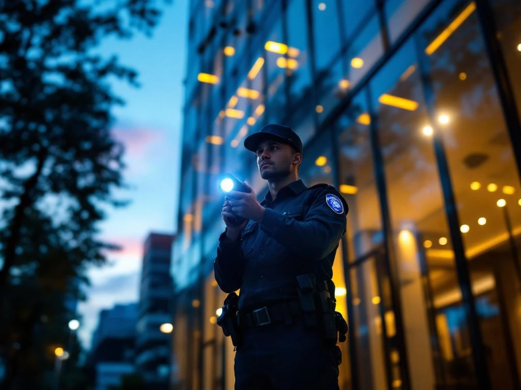 Beveiliger in uniform voert nachtelijke patrouille uit bij modern kantoorgebouw met zaklamp en beveiligingscamera's