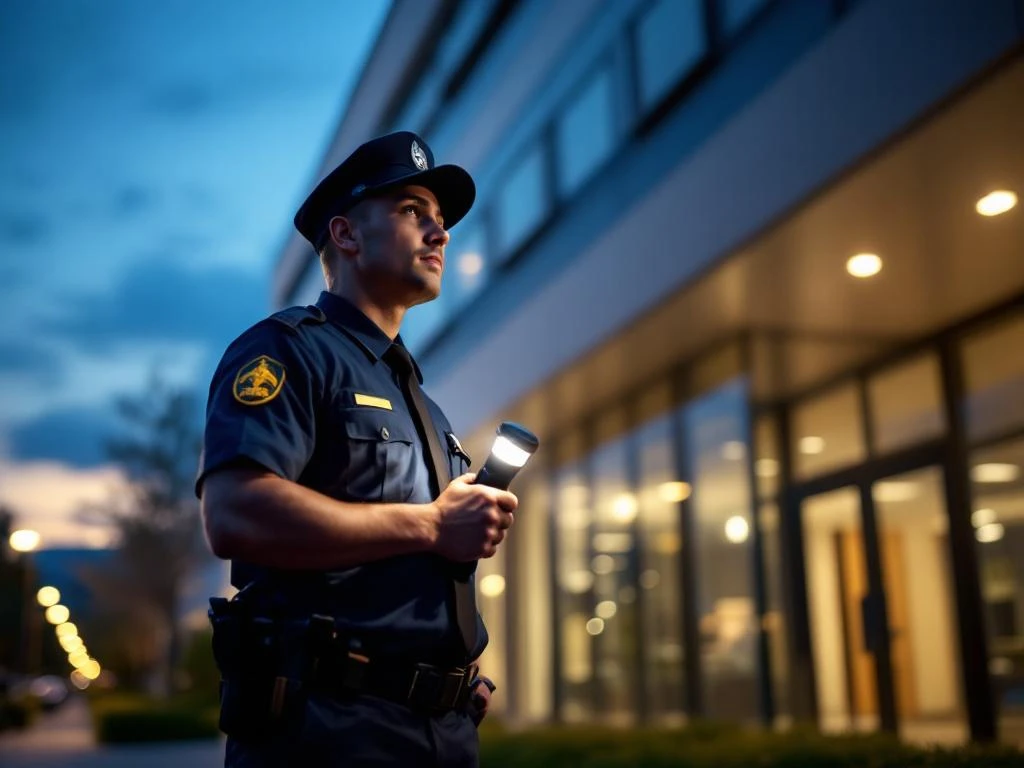 Beveiligingsbeambte met zaklamp patruilleert 's avonds bij modern kantoorgebouw, professionele bewaking van bedrijfspand