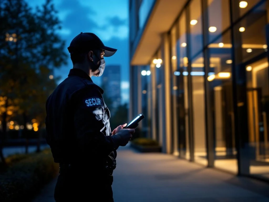 Beveiligingsbeambte met zaklamp tijdens avondpatrouille bij modern kantoorgebouw met glazen gevel