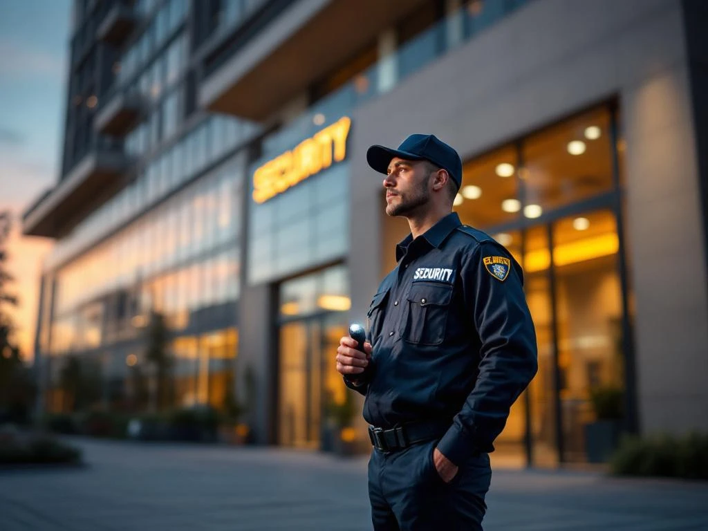 Professionele beveiliger met zaklamp tijdens avondpatrouille bij modern kantoorgebouw tijdens gouden uur