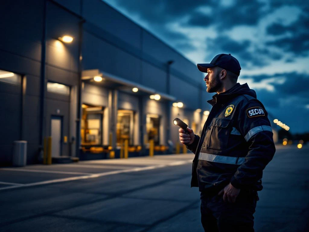 Beveiligingsbeambte met zaklamp patrouilleert 's avonds rond modern magazijncomplex met laaddokken
