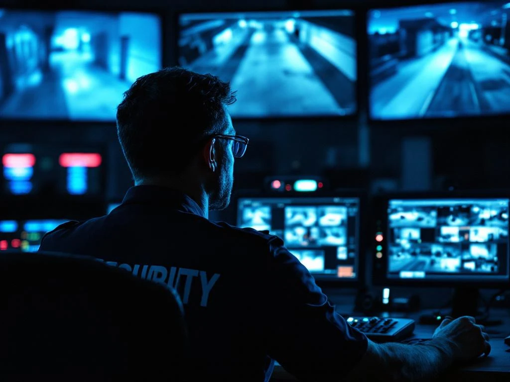 Beveiligingsbeambte bewaakt meerdere surveillanceschermen in donkere controlekamer tijdens nachtdienst