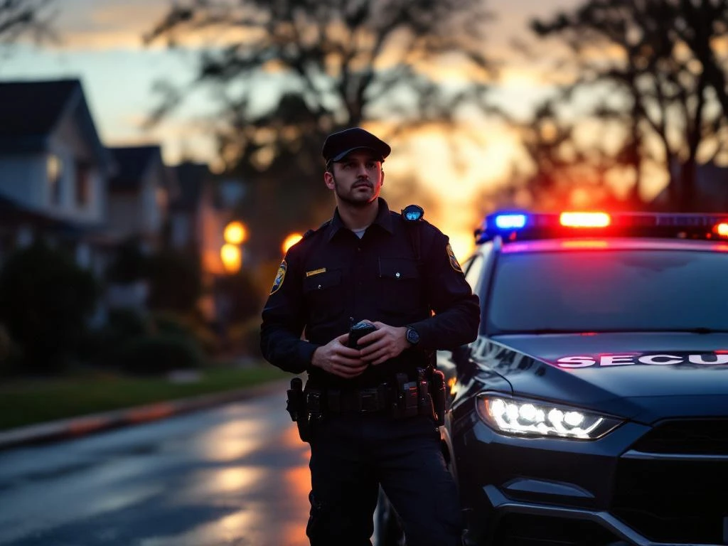 Professionele beveiligingsagent in uniform met portofoon naast patrouillevoertuig op natte straat tijdens schemering