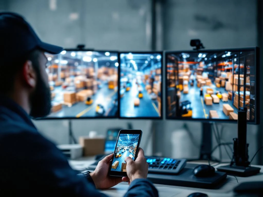Beveiligingsmedewerker monitort magazijnbeelden op meerdere schermen vanuit mobiele bewakingspost met tablet en smartphone
