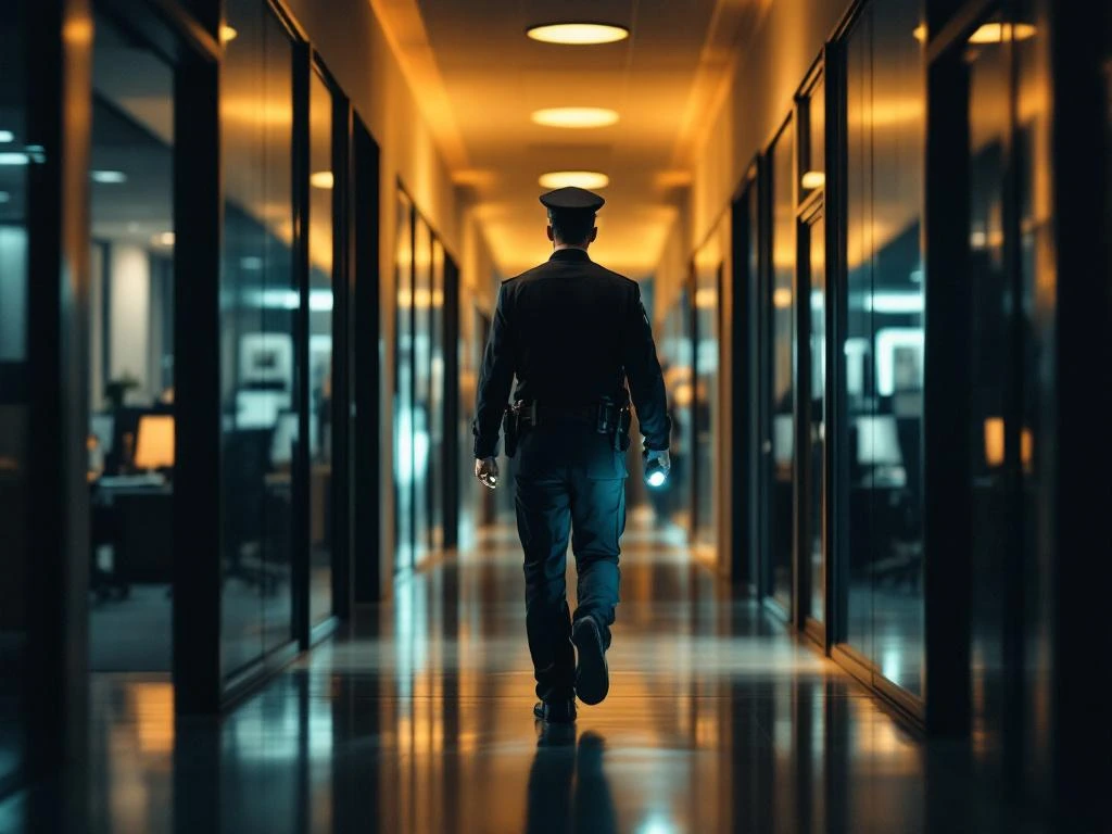 Beveiligingsbeambte in uniform loopt 's nachts door verlichte kantoorgang en controleert deuren met zaklamp