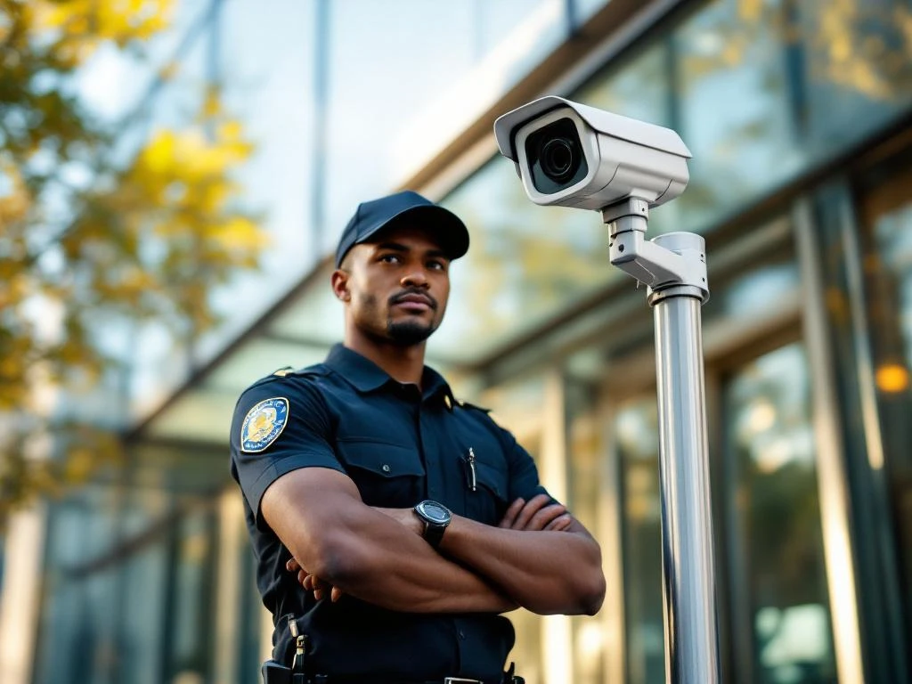 Professionele beveiliger in uniform naast moderne CCTV-camera bij glazen kantoorgebouw ingang
