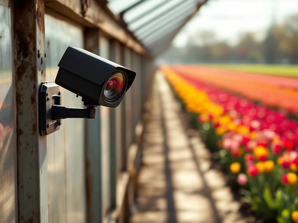 Beveiligingscamera op kas overloopt kleurrijke tulpenvelden in Nederlandse countryside, moderne technologie in traditionele setting