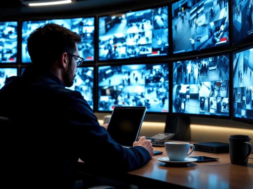 Beveiligingsmedewerker monitort CCTV-schermen in moderne controlekamer met surveillance-apparatuur en tablet op bureau