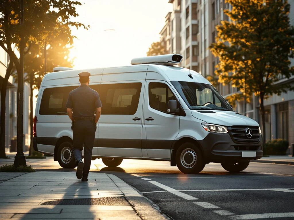 Witte bewakingsvoertuig met surveillanceapparatuur geparkeerd op rustige bedrijfsstraat, beveiligingsagent loopt weg