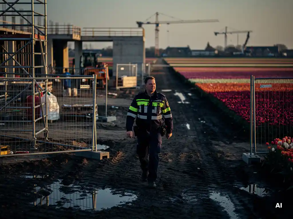 Beveiligingsmedewerker in uniform patrouilleert bij schemering op Nederlandse bouwplaats, omgeven door tulpenvelden en tijdelijke hekken.