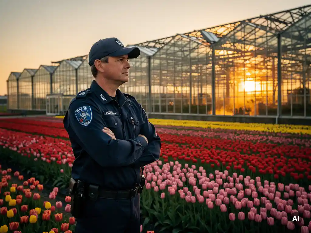 Beveiligingsmedewerker in marineblauw uniform bij ingang van Nederlandse tulpenkwekerij tijdens gouden uur.