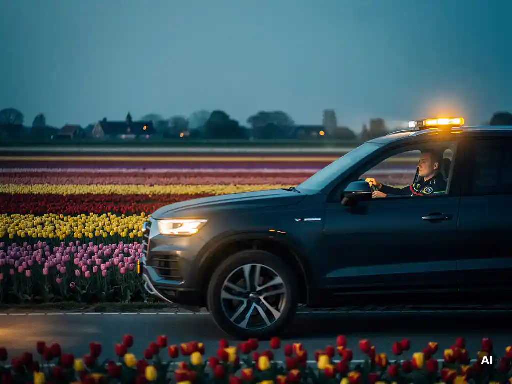 Beveiligingsvoertuig patrouilleert bij schemering langs kleurrijke tulpenvelden in de Bollenstreek, met warme koplampen.