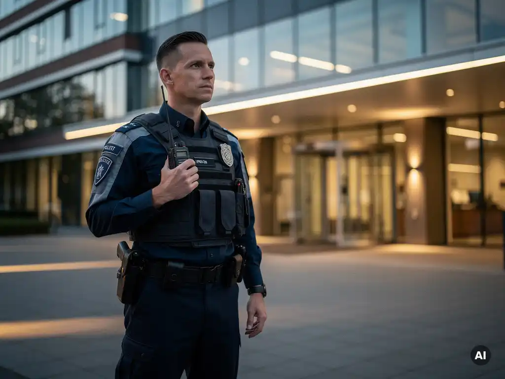 Beveiligingsmedewerker in uniform bij ingang van Nederlands kantoorpand, hand op portofoon, waakzaam in avondlicht.