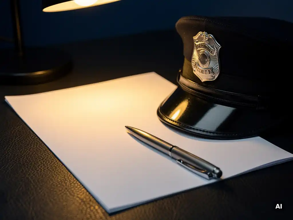 Beveiligingscontract op donker lederen bureau naast een zwarte pet en zilveren badge, verlicht door warm bureaulampje.