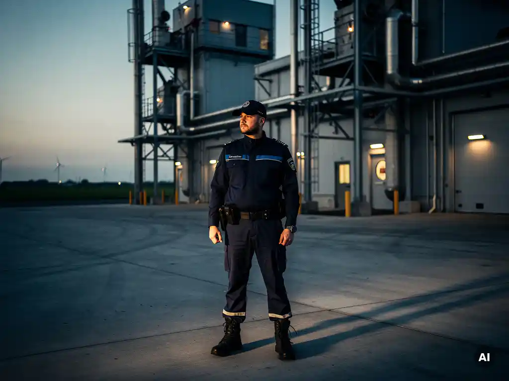 Beveiliger in uniform bewaakt de ingang van een industrieel complex in de Haarlemmermeer bij schemering, met dramatische tegenlichtcontouren.