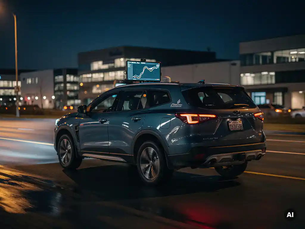Beveiligingsvoertuig rijdt 's nachts langs verlichte bedrijfspanden met een gloeiende GPS-route op het dashboard.