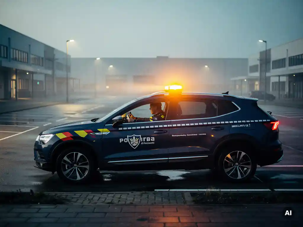 Beveiligingsvoertuig met amberkleurige zwaailichten rijdt bij schemering over Nederlands industrieterrein, bewaker zichtbaar achter het raam.