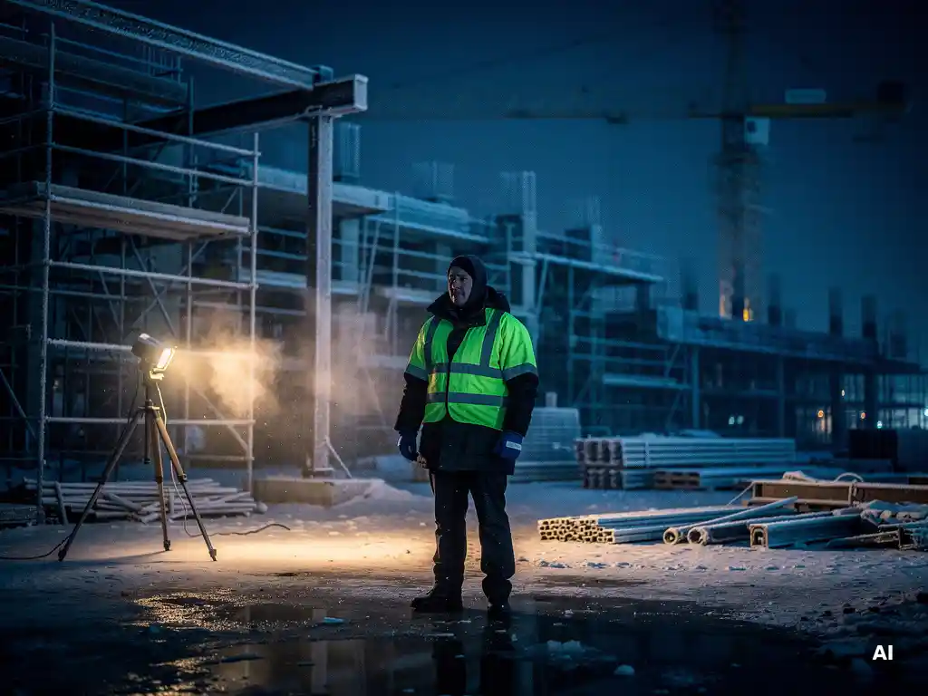 Beveiligingsmedewerker in fluohesje patrouilleert 's nachts op verlaten bouwplaats, bevroren steigers en kranen op de achtergrond.