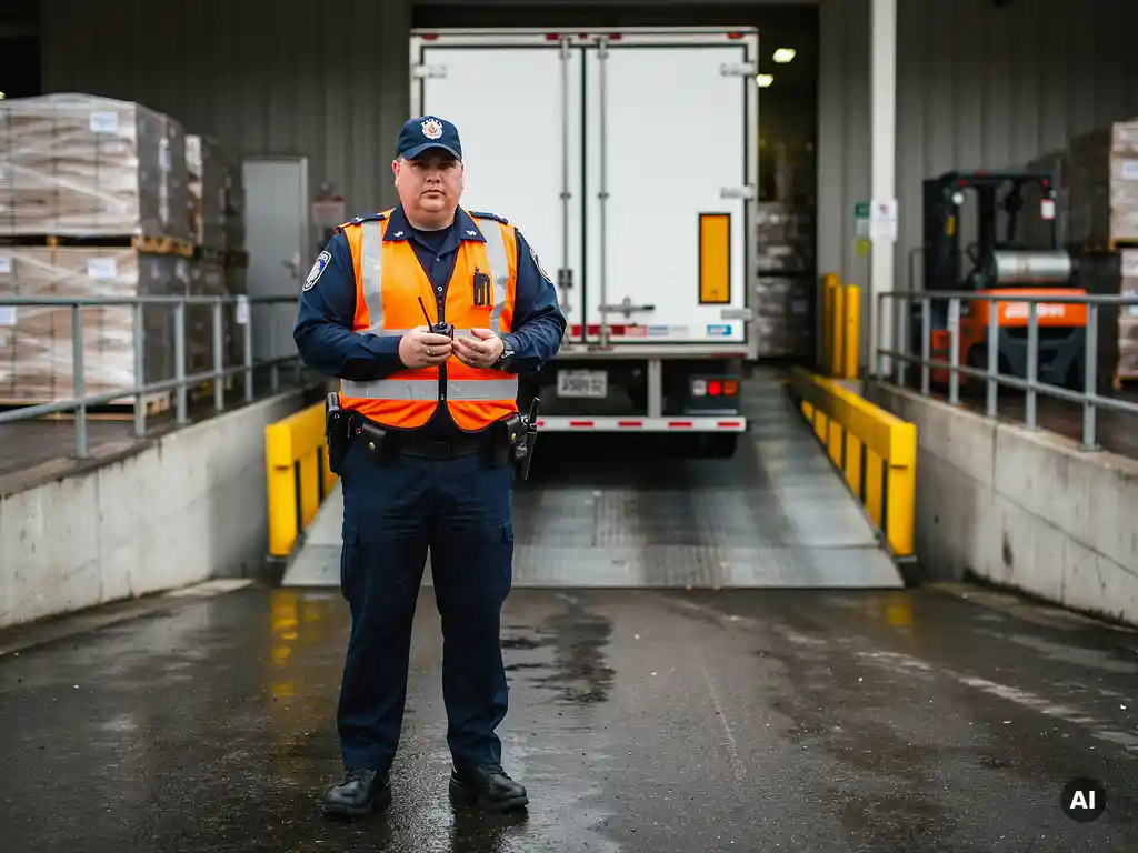 Beveiliger in uniform bewaakt een vrachtwagen die achteruitrijdt naar een magazijningang, met pallets en heftruck op de achtergrond.