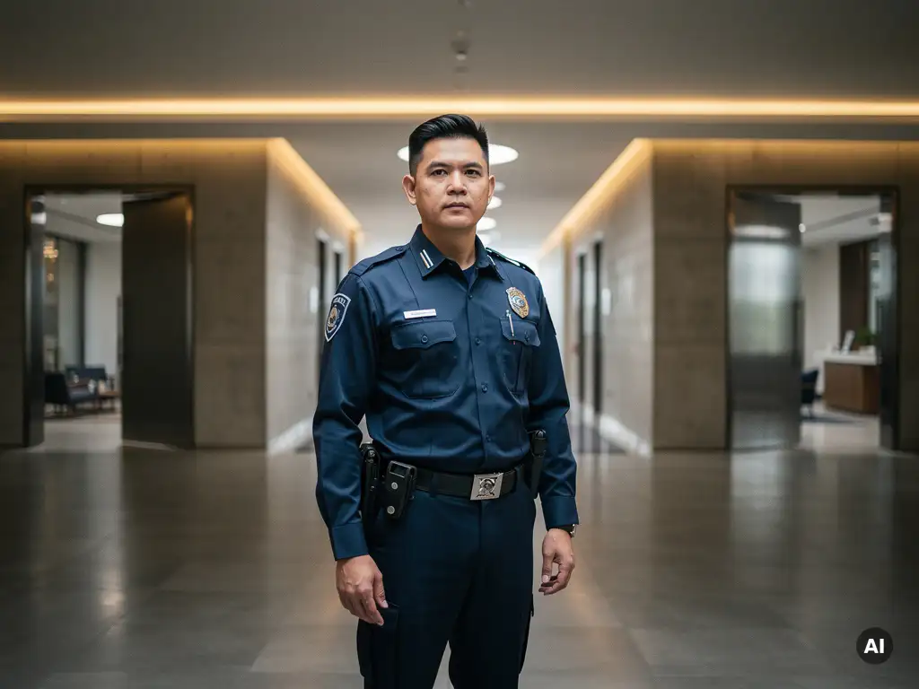 Beveiligingsbeambte in uniform bewaakt lobbykruispunt van modern kantoorgebouw met drie gangen en zachte amberverlichting.