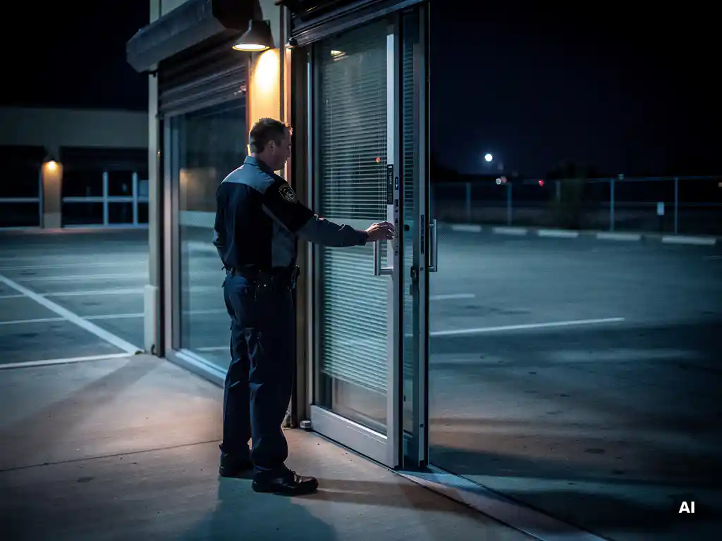 Beveiliger in donker uniform test 's nachts een vergrendelde deur van een gesloten bedrijfspand, verlicht door maanlicht en een buitenlamp.