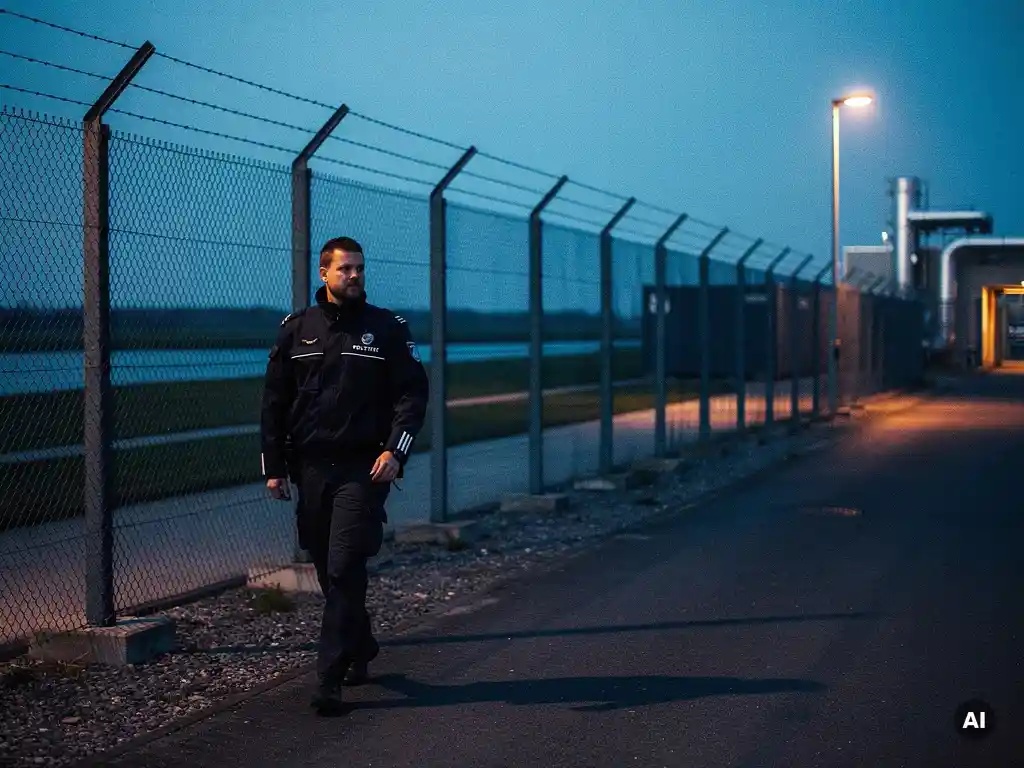 Beveiligingsmedewerker in uniform patrouilleert bij schemering langs omheind industrieterrein in vlak polderlandschap.