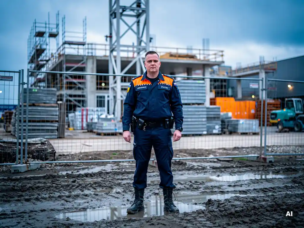 Beveiligingsbewaker in uniform bij ingang van actieve bouwplaats in Haarlemmermeer, met tijdelijke omheining en staalsteigers op de achtergrond.