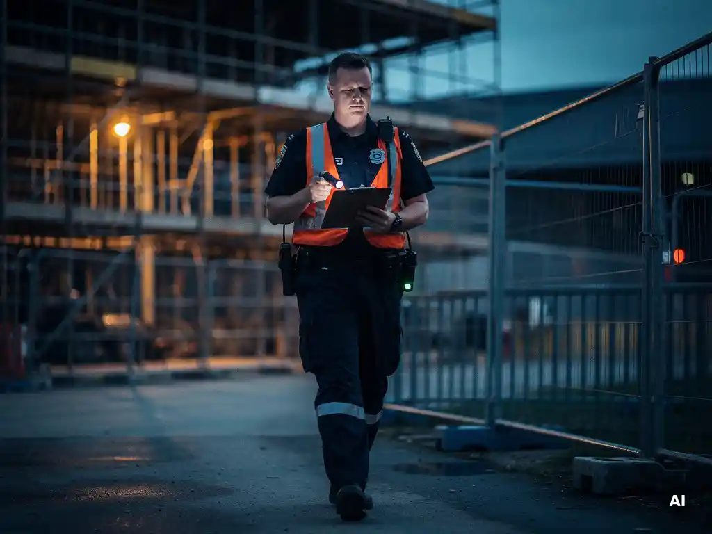 Beveiligingsmedewerker met klembord inspecteert bouwplaatsperimeter bij schemering, met tijdelijke hekken en steigers op de achtergrond.