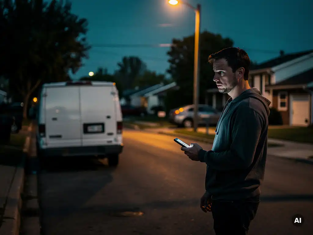 Bewoner op schemering verlichte straat die verdacht busje in steegje observeert, smartphone in hand om melding te doen.