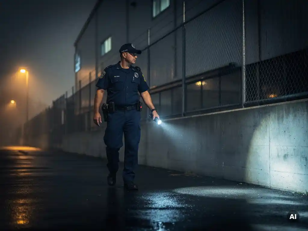 Beveiliger in uniform patrouilleert 's nachts langs industrieel gebouw, zaklantaarn verlicht natte klinkers in mistige duisternis.