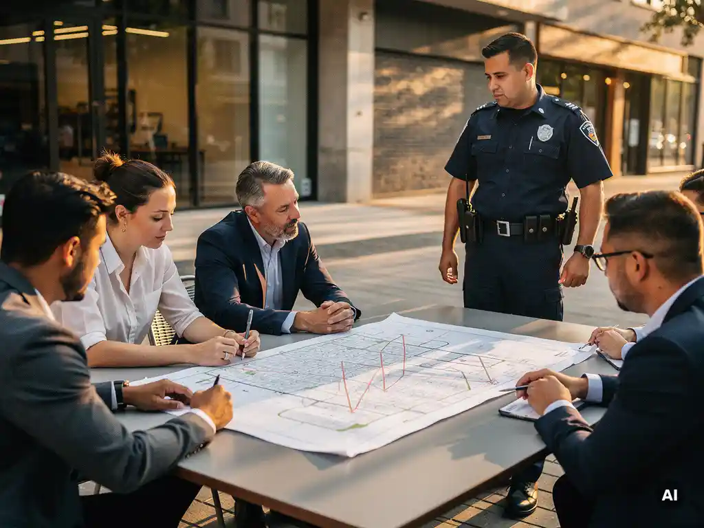 Ondernemers in een winkelstraat bekijken samen een beveiligingspatrouille-kaart, terwijl een beveiliger in uniform toekijkt.