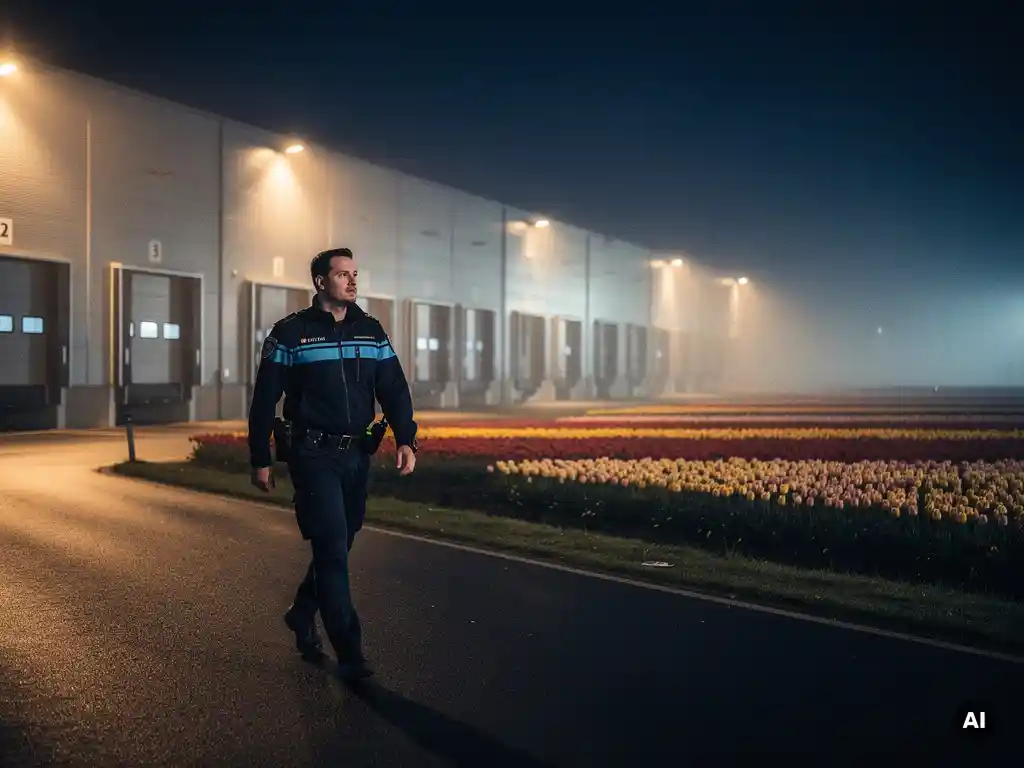 Beveiliger in uniform loopt 's nachts langs magazijngebouwen op Nederlands industrieterrein, met tulpenvelden in mistige achtergrond en amberkleurig floodlicht.