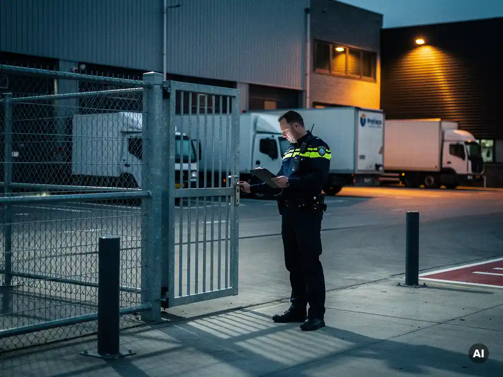 Beveiligingsmedewerker inspecteert hekwerk bij industrieel bedrijventerrein in Nederland tijdens schemering, klembord in hand.