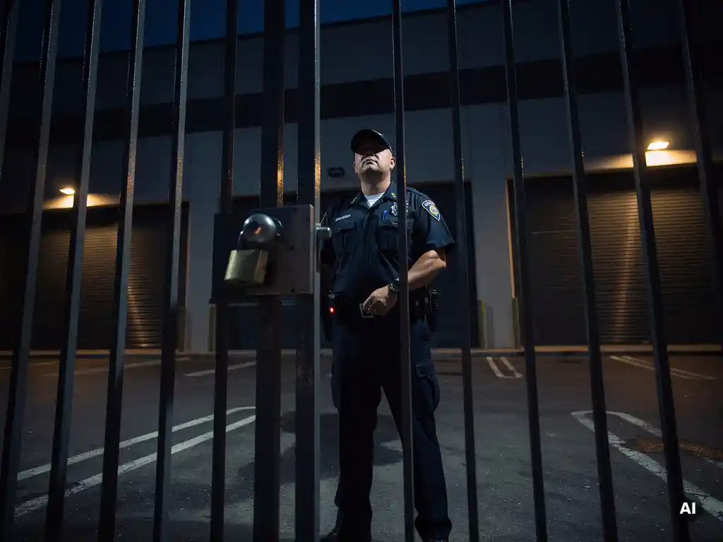 Beveiliger in uniform voert nachtelijke perimetronde uit bij afgesloten commercieel pand met hangslot op het hek.
