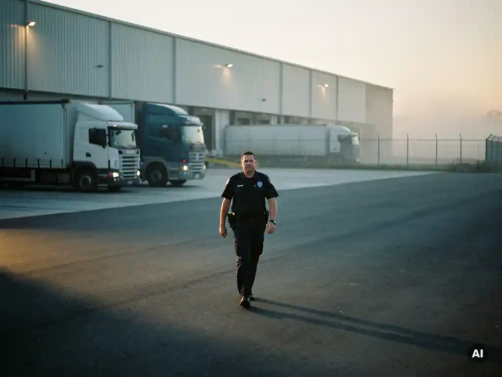Beveiliger in donker uniform patrouilleert bij schemering langs magazijngevels en vrachtwagens op een industrieel bedrijventerrein.