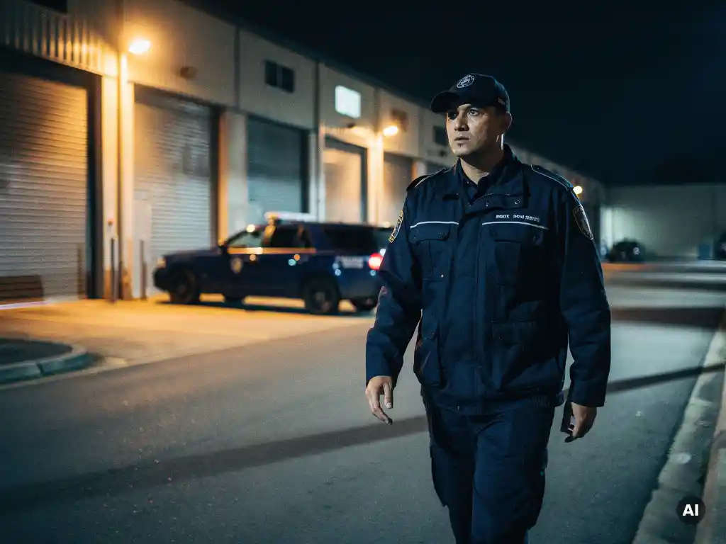 Beveiligingsmedewerker in donker marineblauw uniform patrouilleert 's nachts langs magazijngevels op industrieterrein, bewakingsvoertuig op achtergrond.