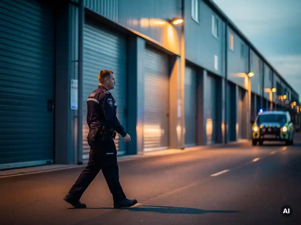 Beveiligingsbeambte loopt schemering patrouille langs industriële loodsen met amberkleurig beveiligingslicht en patrouillewagen op achtergrond.