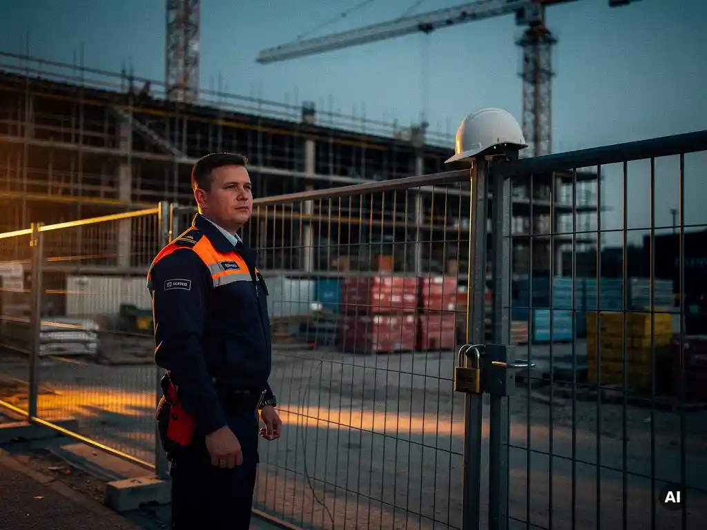 Beveiligingswacht in uniform bij bouwplaats in schemerlicht, met steigers, kraan en afgesloten hek op de achtergrond.