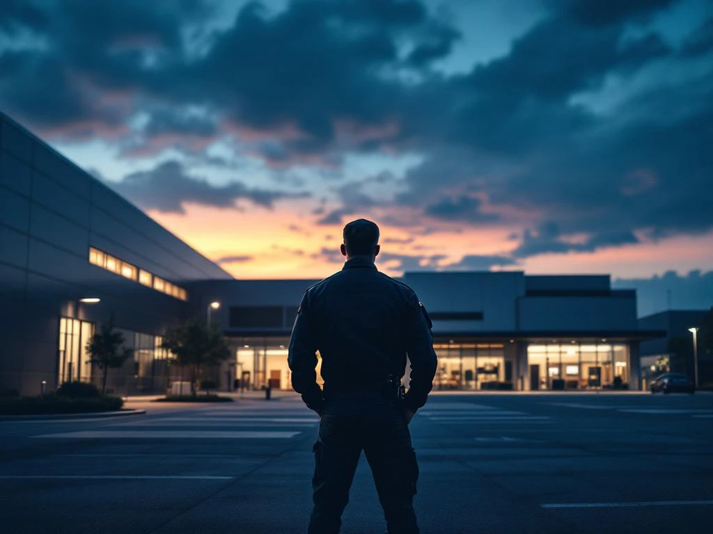 Beveiligingsbeambte met zaklamp inspecteert industrieel complex met kantoor, magazijn en winkel tijdens avondpatrouille.