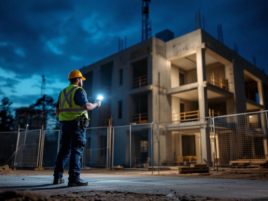 Beveiligingsbeambte met zaklamp inspecteert bouwplaats tijdens nachtpatrouille, met steigers en bouwmateriaal op achtergrond