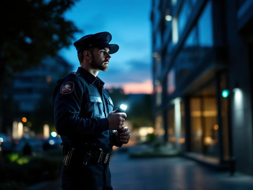 Professionele beveiligingsbeambte met zaklamp tijdens avondpatrouille bij modern kantoorgebouw bij schemering