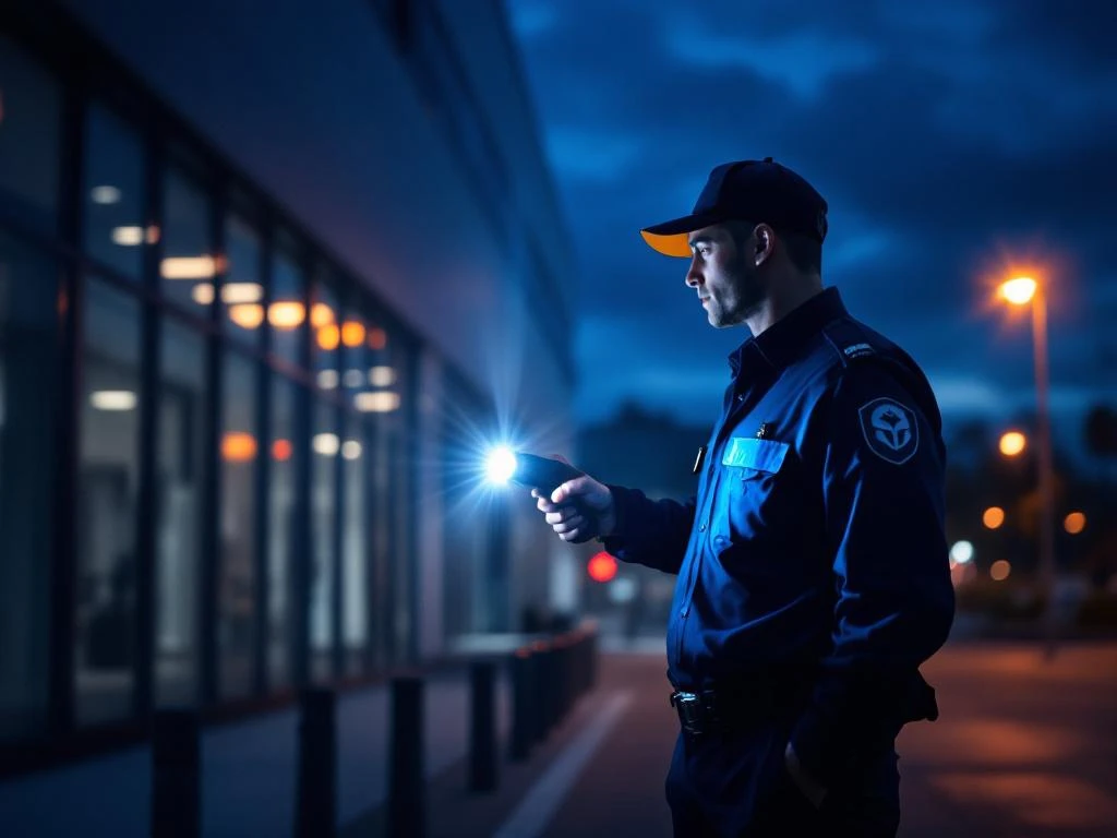 Beveiliger met zaklamp patrouilleert 's nachts bij ingang van modern kantoorgebouw met glazen gevel