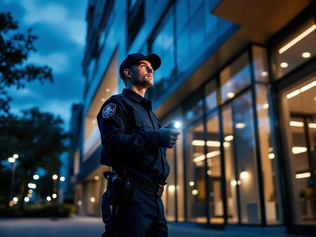 Beveiligingsbeambte met zaklamp tijdens nachtelijke patrouille bij modern kantoorgebouw in schemering