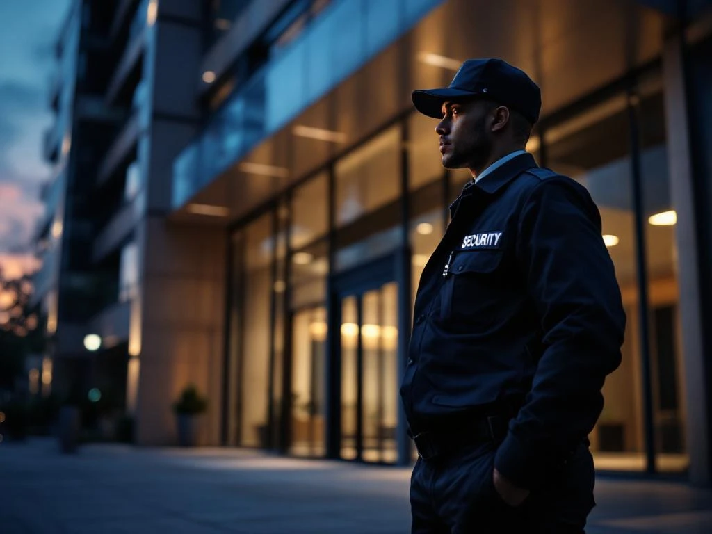 Professionele beveiligingsbeambte met zaklamp tijdens nachtelijke patrouille bij modern kantoorgebouw